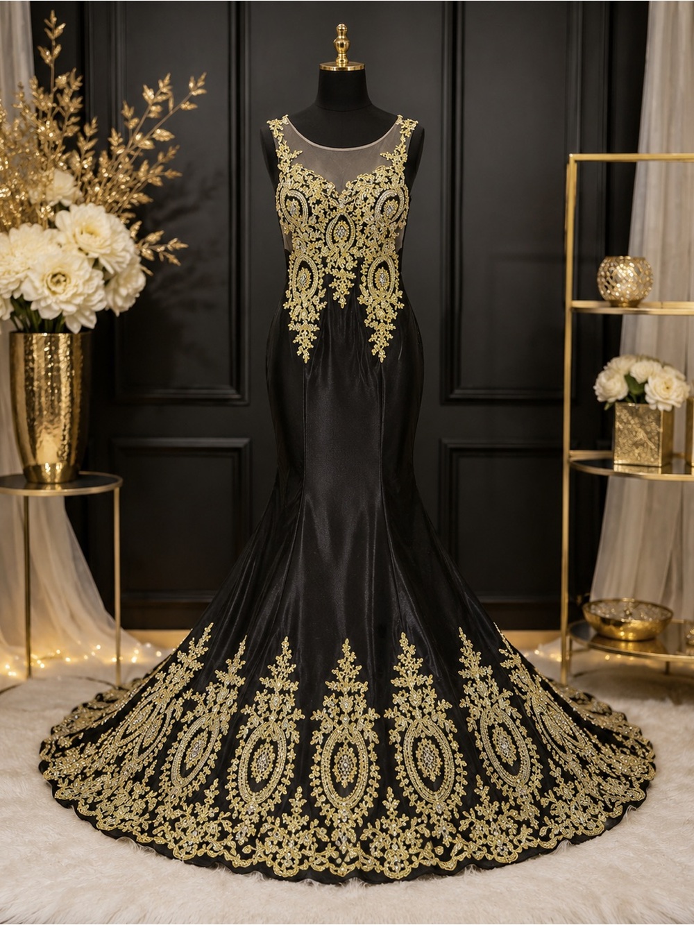 Elegant Black Evening Mermaid Dress with Gold Embroidery
